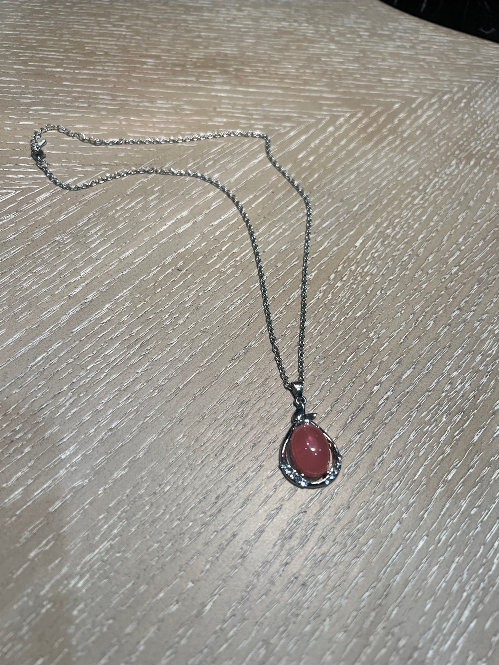 Vintage Silver Necklace with Pink Teardrop Pendant 18”